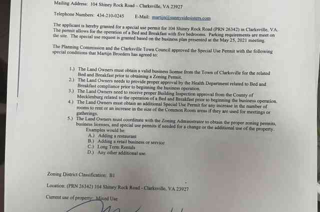 The Sunnyside Sisters Bed and Breakfast / Clarksville VA / Special permit