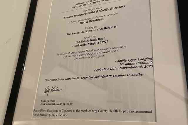 The Sunnyside Sisters Bed and Breakfast / Clarksville VA / Health Inspection Sunnyside Sisters Bmb