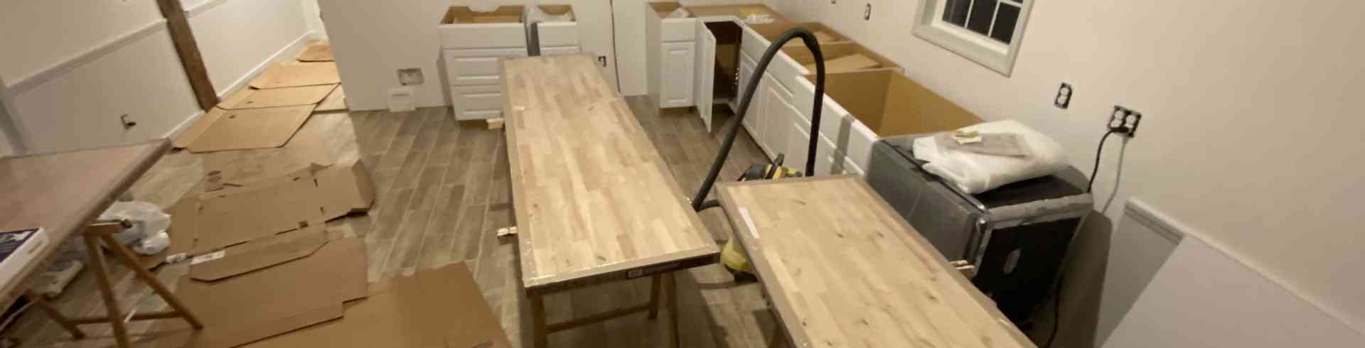 The Sunnyside Sisters Bed and Breakfast / Clarksville VA / Kitchen and butcher blocks ready for installation