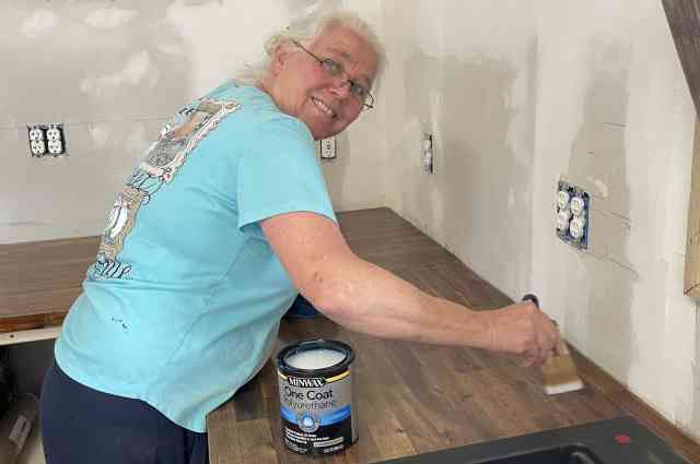 The Sunnyside Sisters Bed and Breakfast / Clarksville VA / Patty finishing the kitchen butcher block