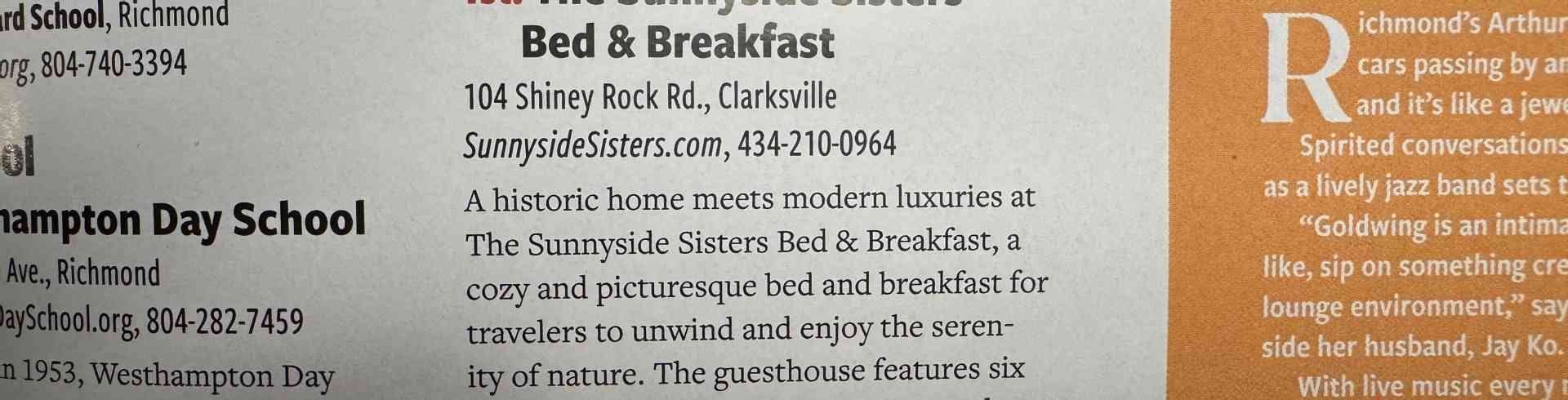 The Sunnyside Sisters Bed and Breakfast / Clarksville VA / Best Bed and Breakfast of (Central) Virginia 2026